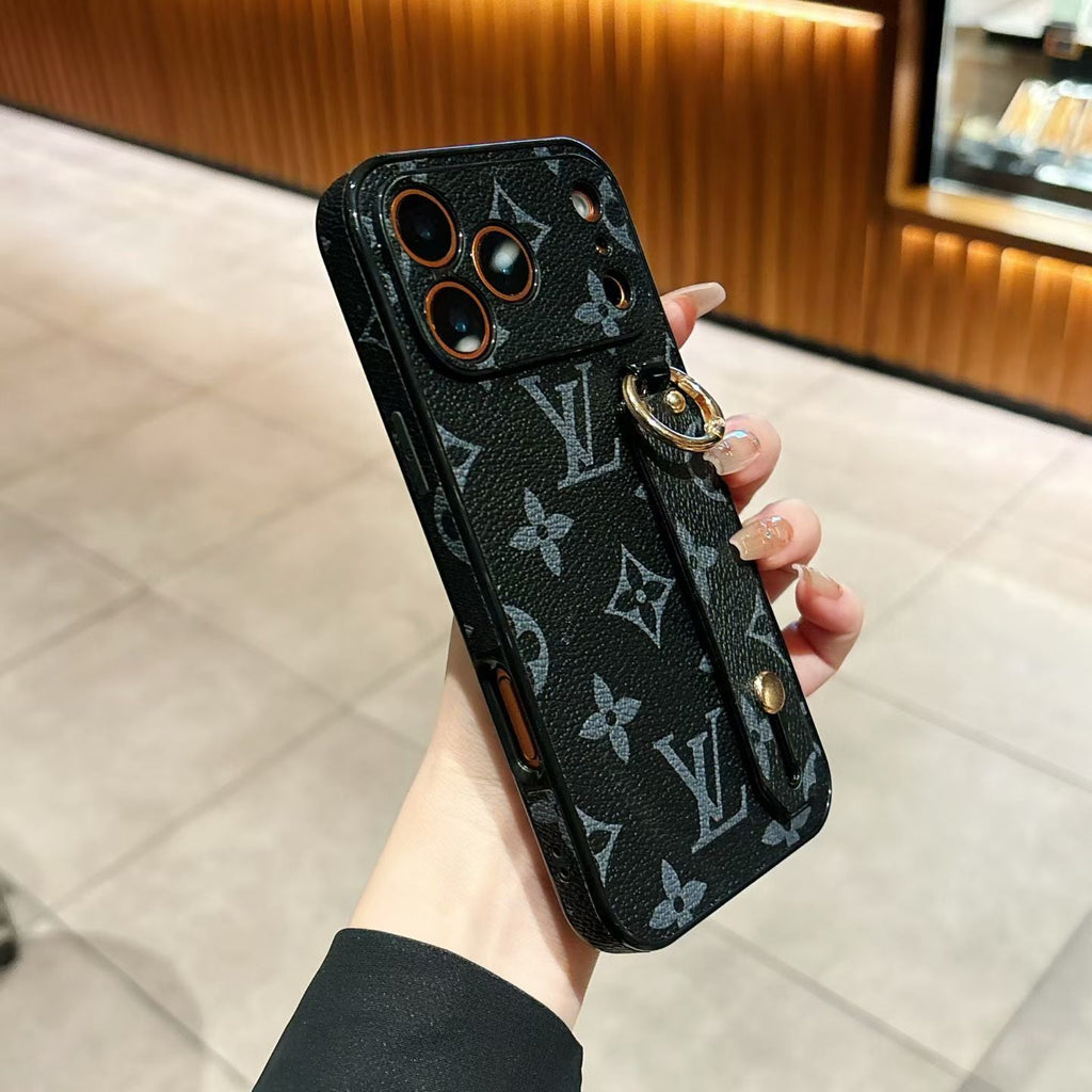 LV iPhone back cover with hand strap showing the protective corners and camera area