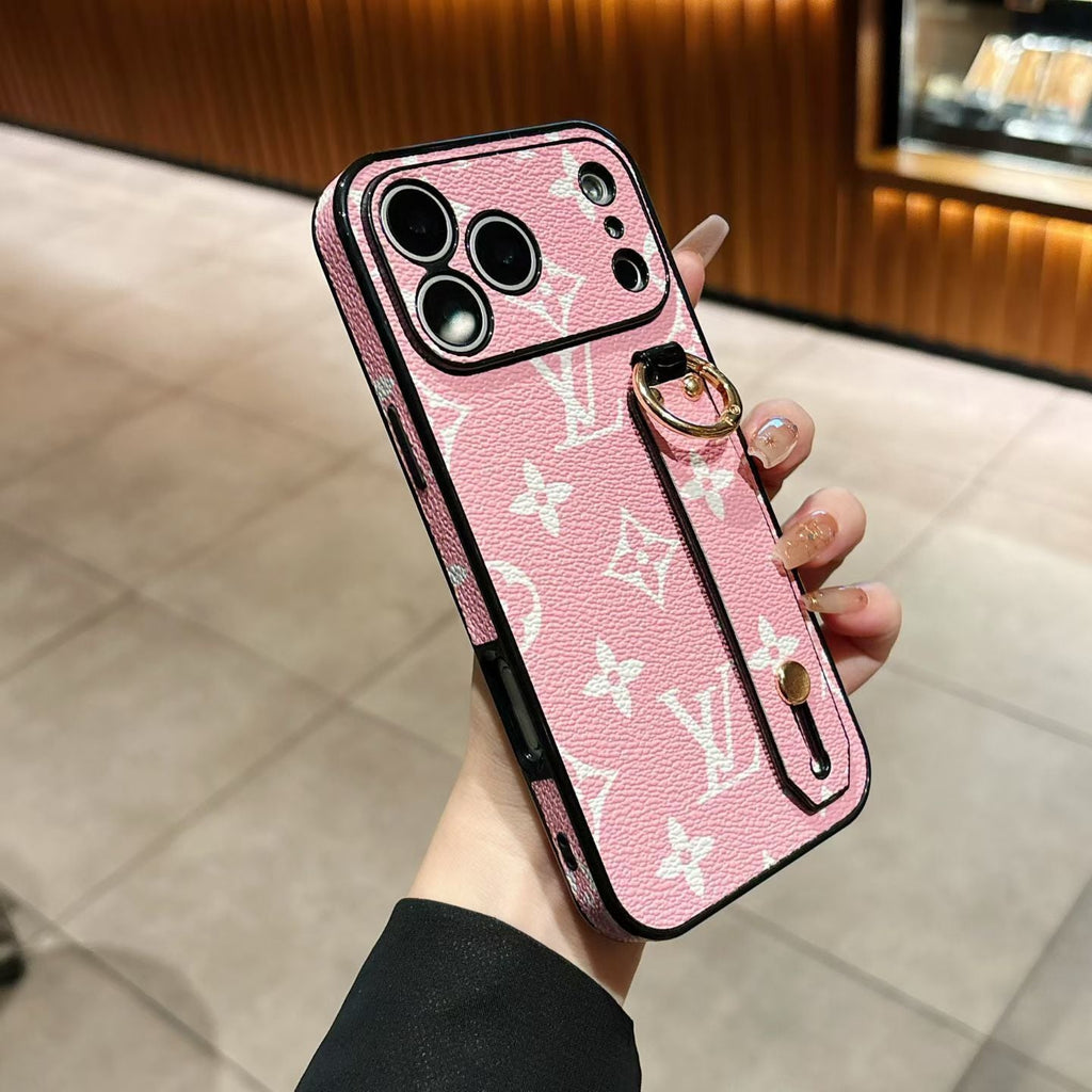 Close-up of the hand strap iPhone case showing the patterned back and comfortable grip
