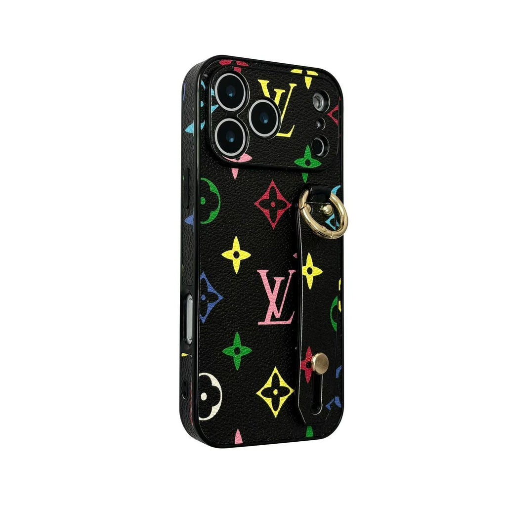 Detailed product view of the LV iPhone hand strap case and slim protective fit