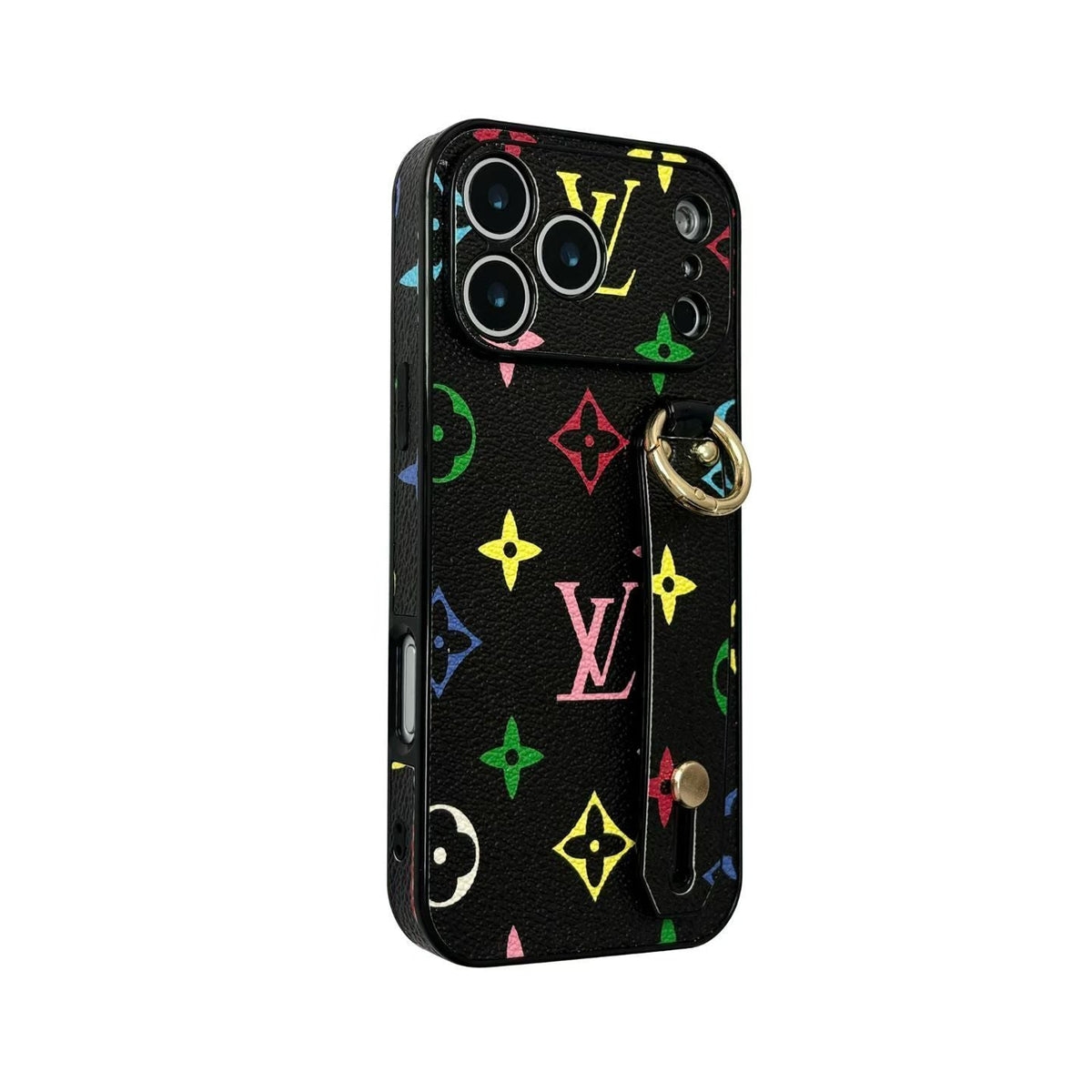 Detailed product view of the LV iPhone hand strap case and slim protective fit