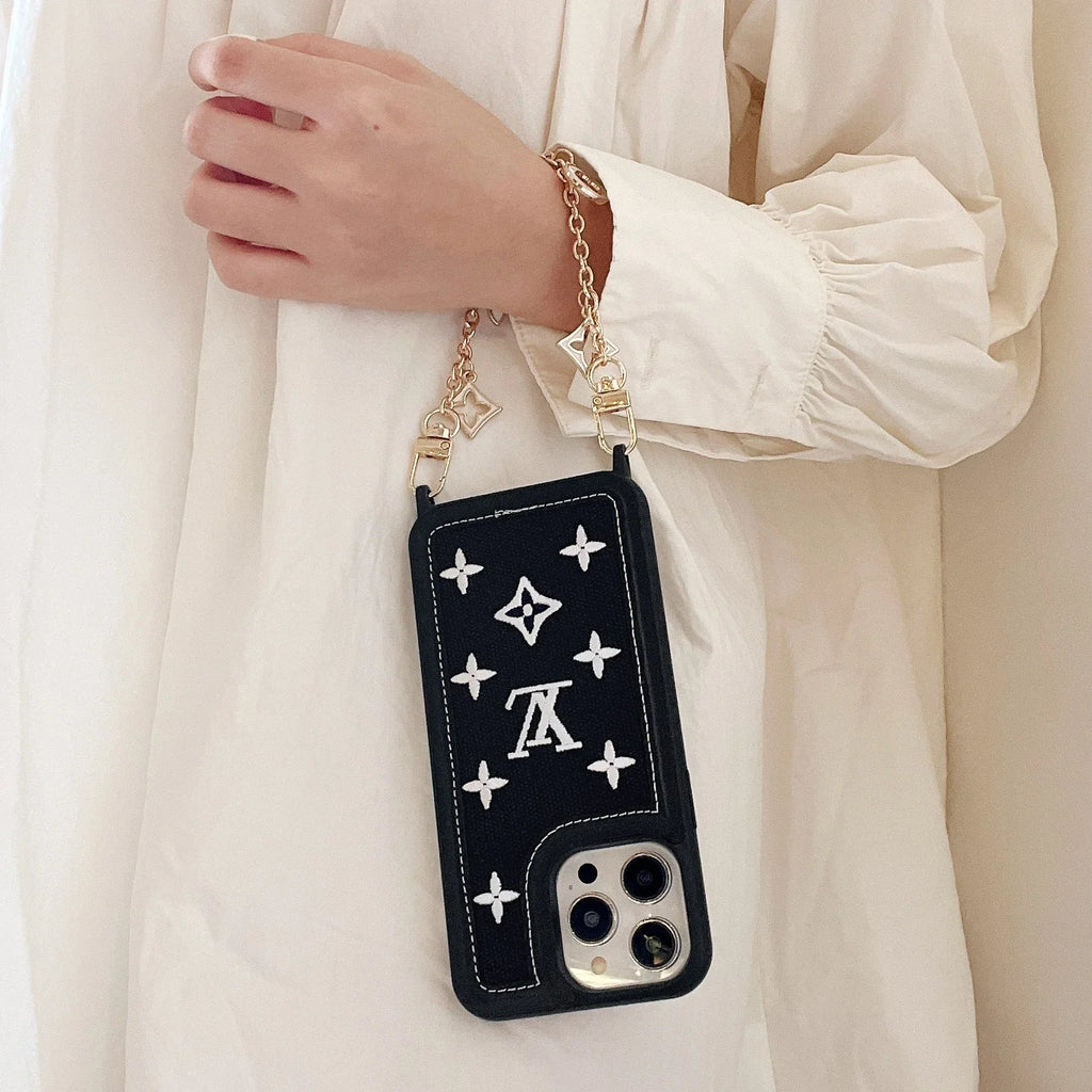 Fabric Leather Crossbody Chain iPhone Case with Ornament Charm