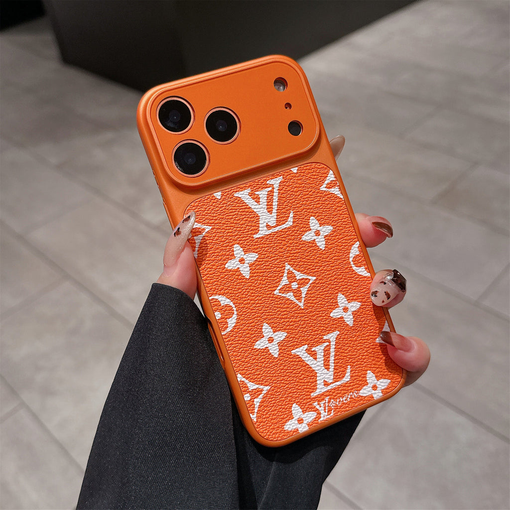 LV lens protection iPhone case showing the full patterned cover and protective lens area