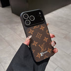 LV lens protection iPhone case close-up showing the raised lens frame and leather texture