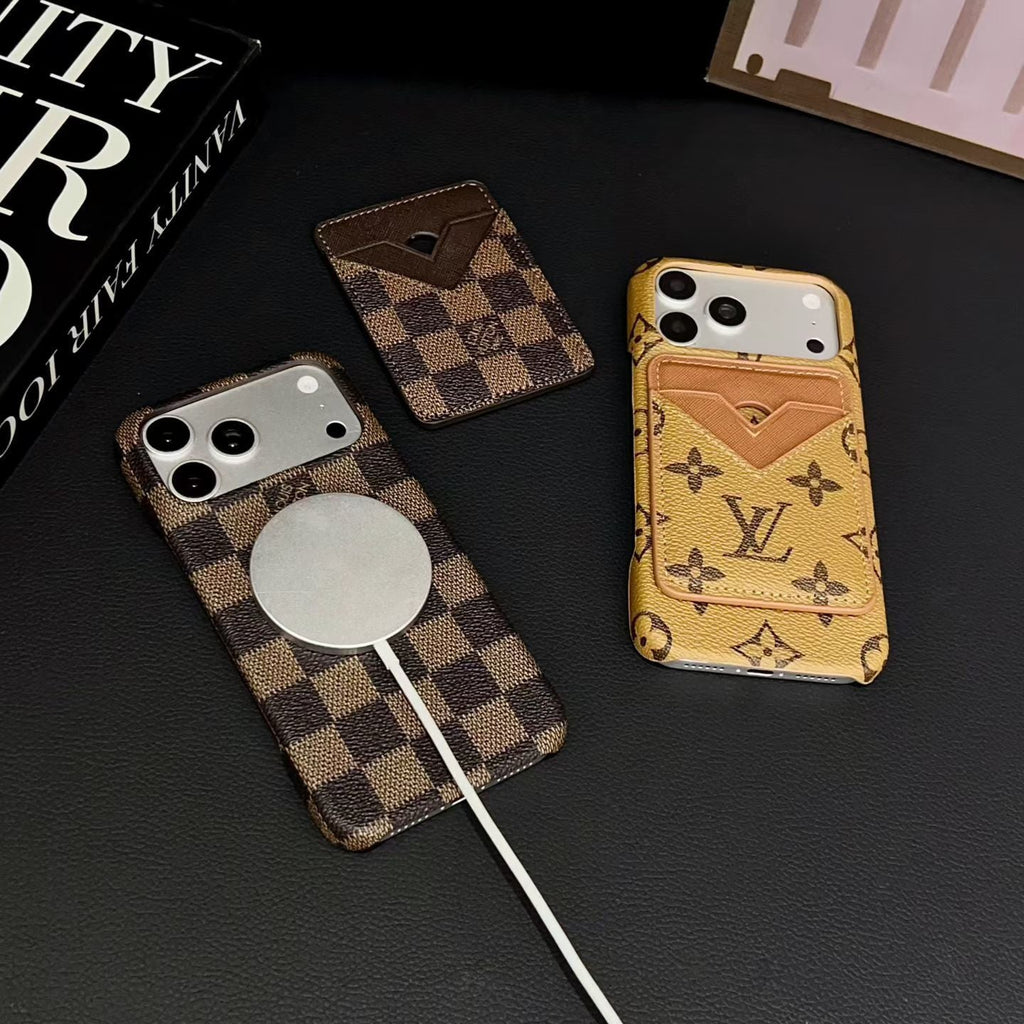 LV MagSafe iPhone case with magnetic card holder showing the detachable wallet attachment