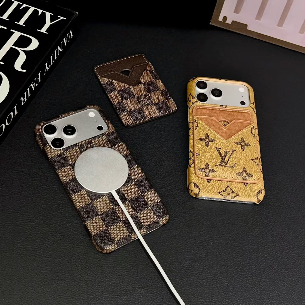 LV MagSafe iPhone case with magnetic card holder showing the detachable wallet attachment