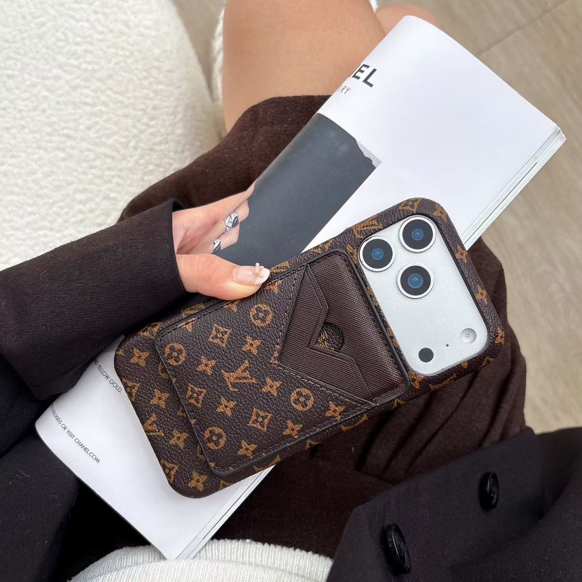 Detailed back view of the LV MagSafe iPhone case with detachable card holder