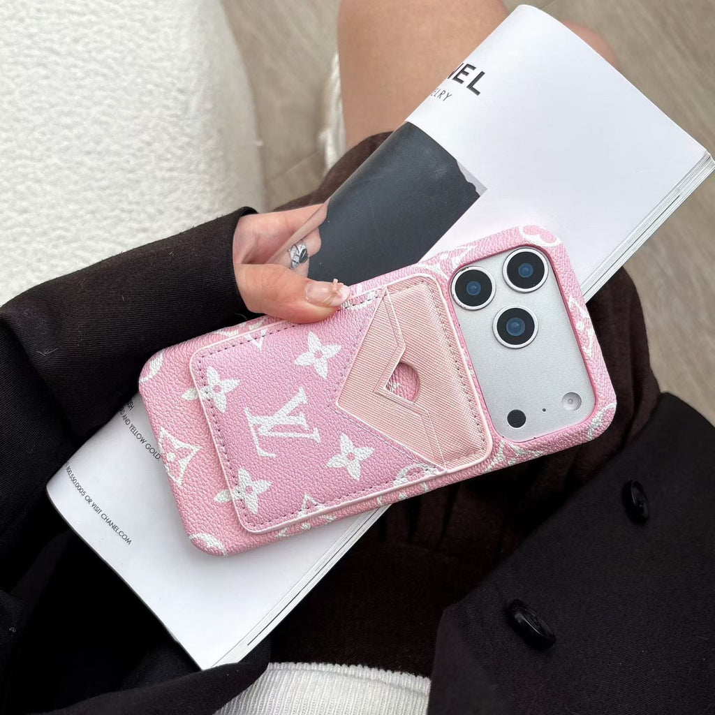 MagSafe iPhone case showing the rear card holder, leather finish and protective edge