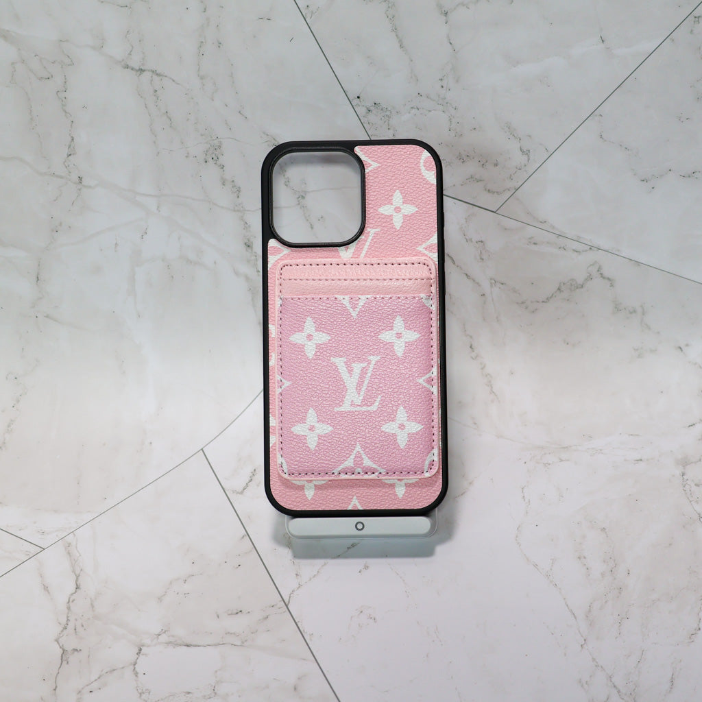 Louis V MagSafe iPhone case with card holder showing the rear design and slim profile