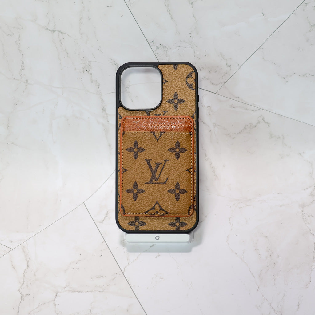 MagSafe iPhone case with card holder showing the patterned back and card storage feature