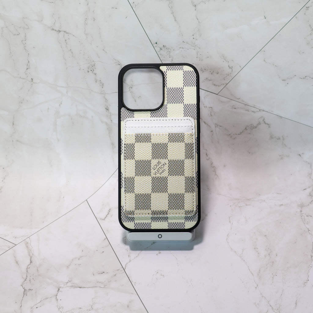 Louis V iPhone MagSafe wallet case showing the protective cover and magnetic card holder
