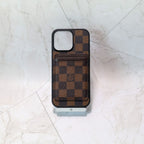 Louis V MagSafe iPhone case showing the wallet-style card holder and edge finish