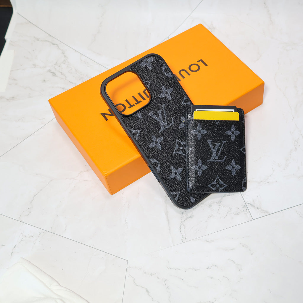 Louis V iPhone MagSafe case showing the card holder attachment and back cover design