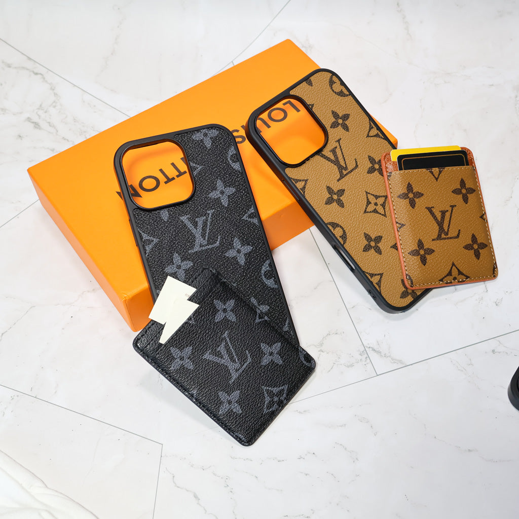Louis V MagSafe iPhone case with card holder showing the magnetic wallet attachment