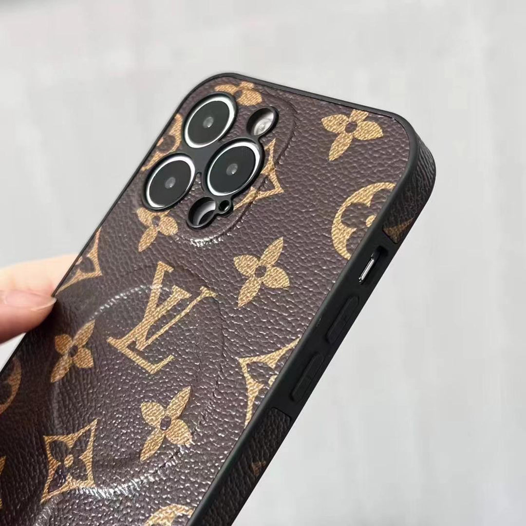 Detailed view of the LV MagSafe iPhone case showing the back pattern and slim fit