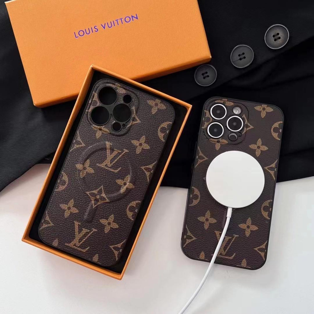 LV MagSafe iPhone case showing the magnetic back design and patterned finish