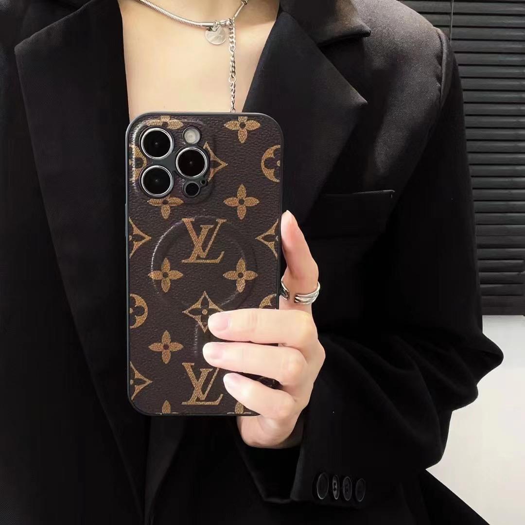 Patterned LV MagSafe iPhone case shown in a close-up view of the back cover and edges