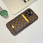 Brown small monogram LV MagSafe iPhone case showing the patterned magnetic back