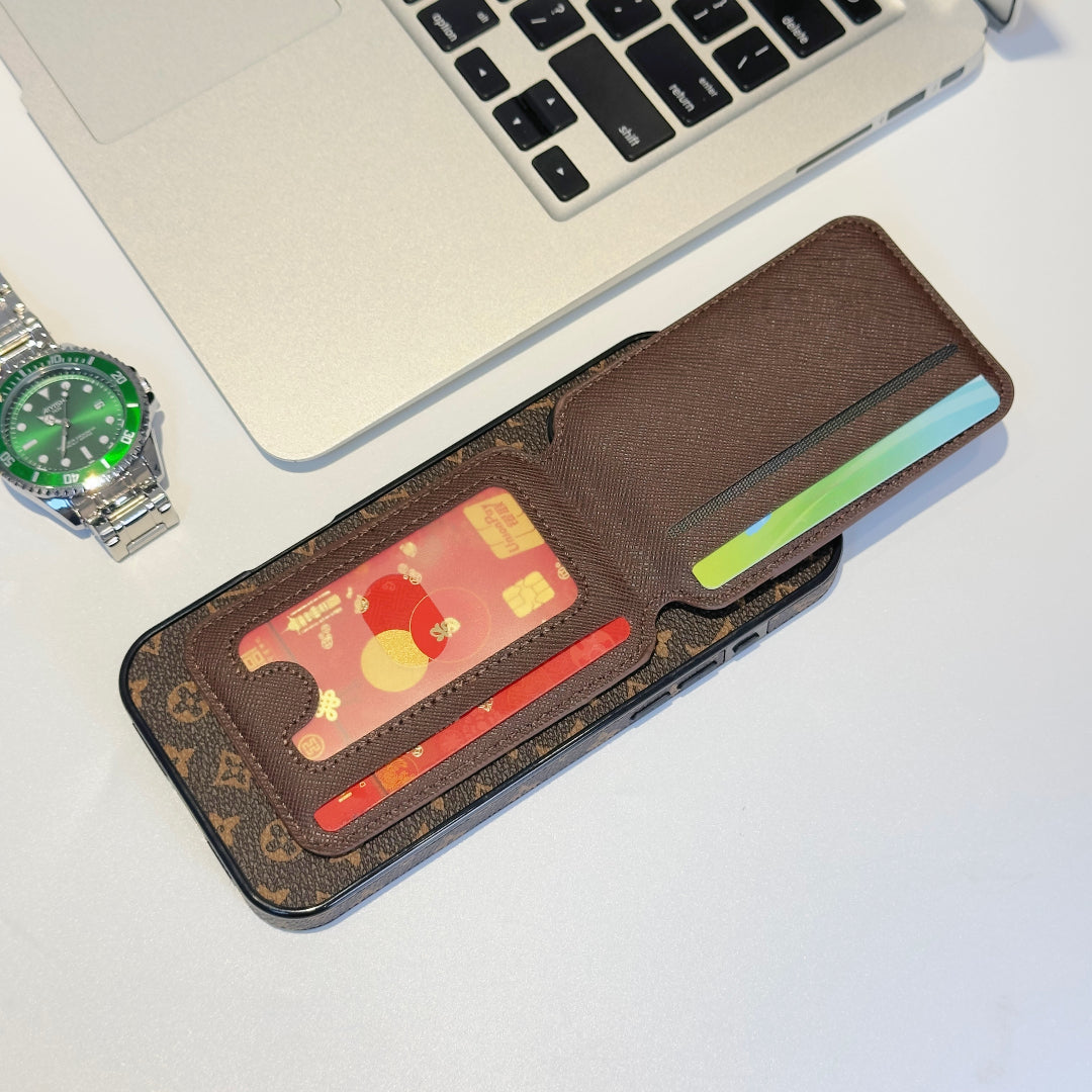 Close-up of the LV MagSafe iPhone case showing the magnetic back and compact fit