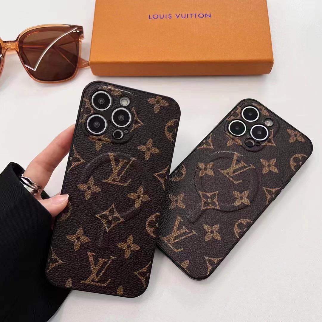 LV MagSafe iPhone case showing the magnetic-compatible back and fitted camera cutout