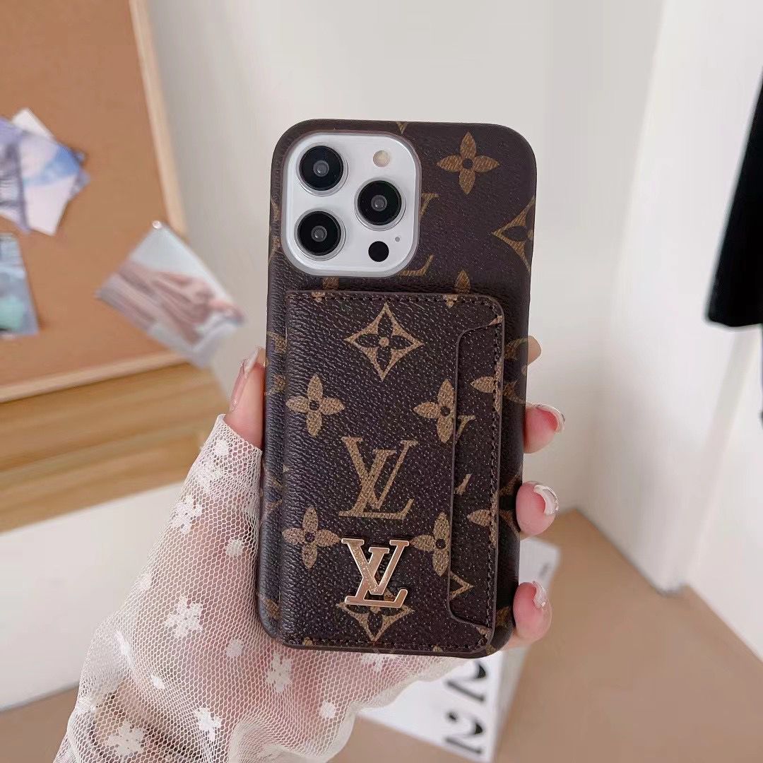 LV monogram folding iPhone case showing the card slot wallet and patterned leather cover