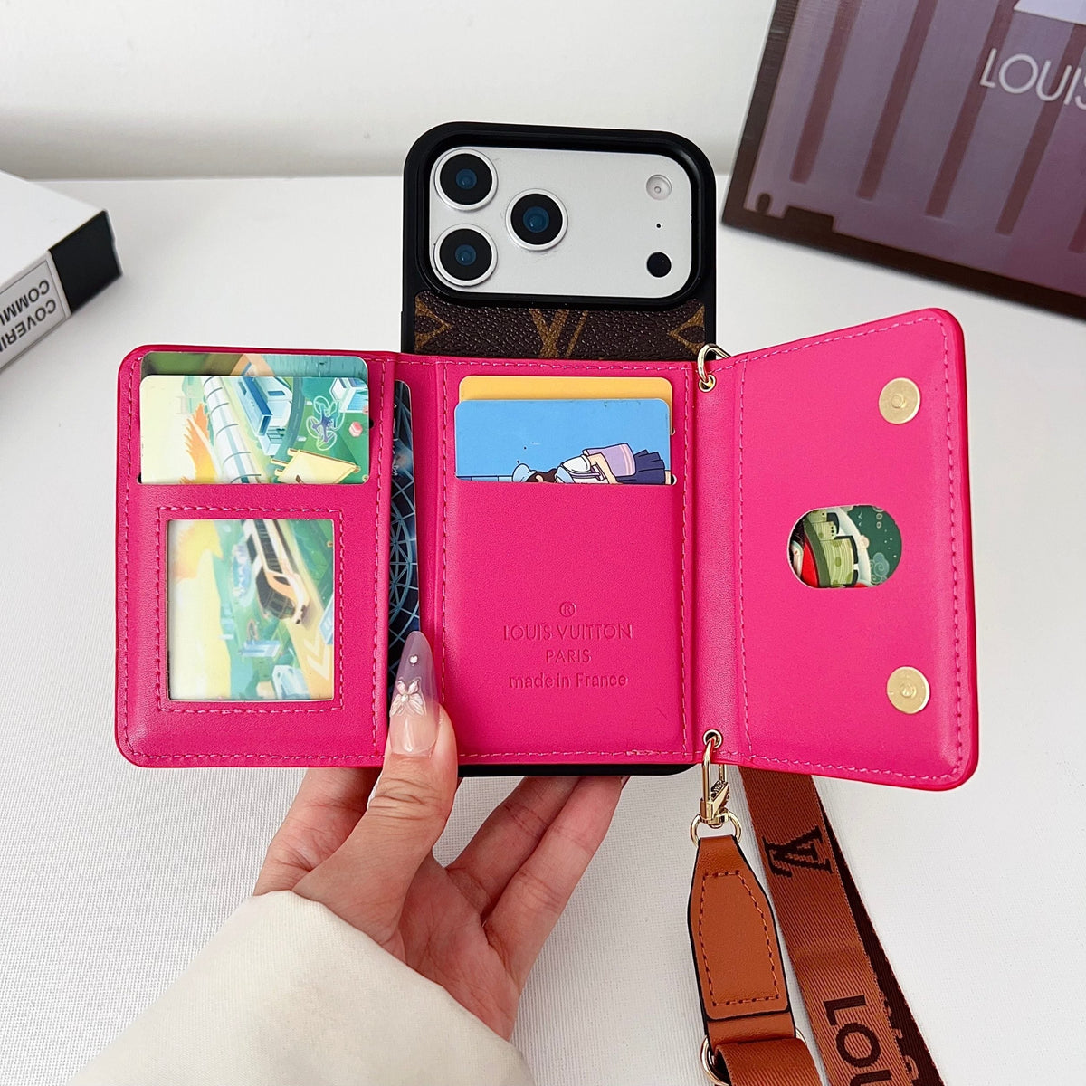 Multicolor monogram LV crossbody wallet iPhone case showing the colorful wallet back and protective edges