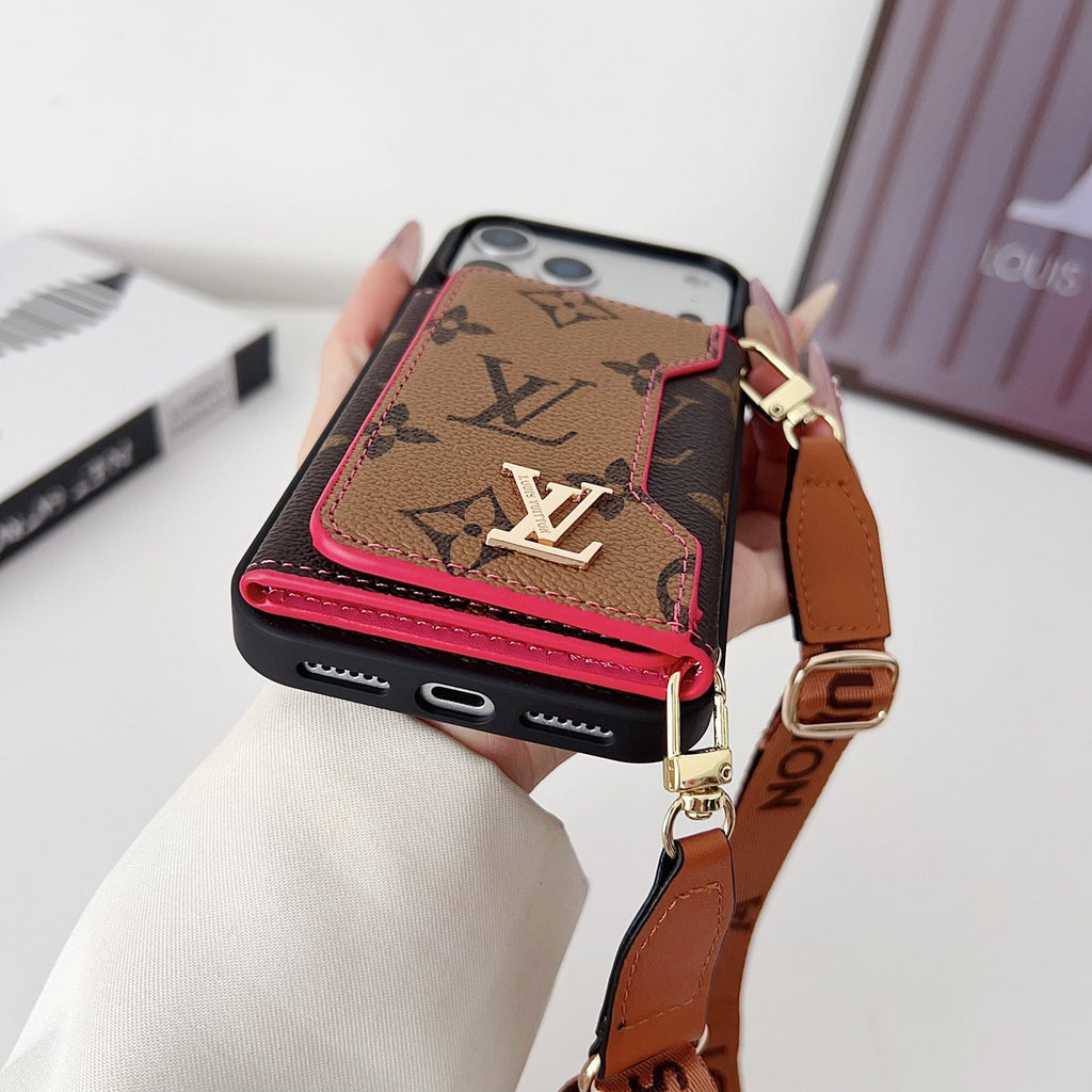 Multicolor monogram LV crossbody wallet iPhone case shown with the carrying strap and protective fit
