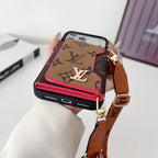 Multicolor monogram LV crossbody wallet iPhone case shown with the carrying strap and protective fit