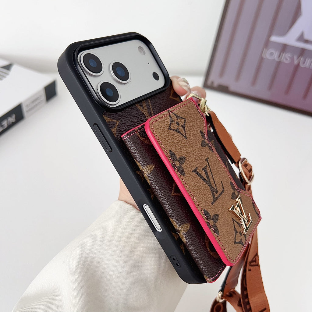 Multicolor monogram LV crossbody wallet iPhone case showing the rear card storage and leather finish
