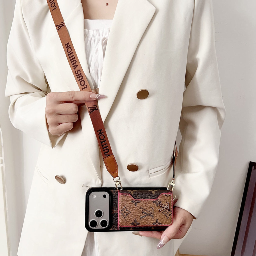Multicolor monogram LV crossbody wallet iPhone case showing the shoulder strap and fitted camera area