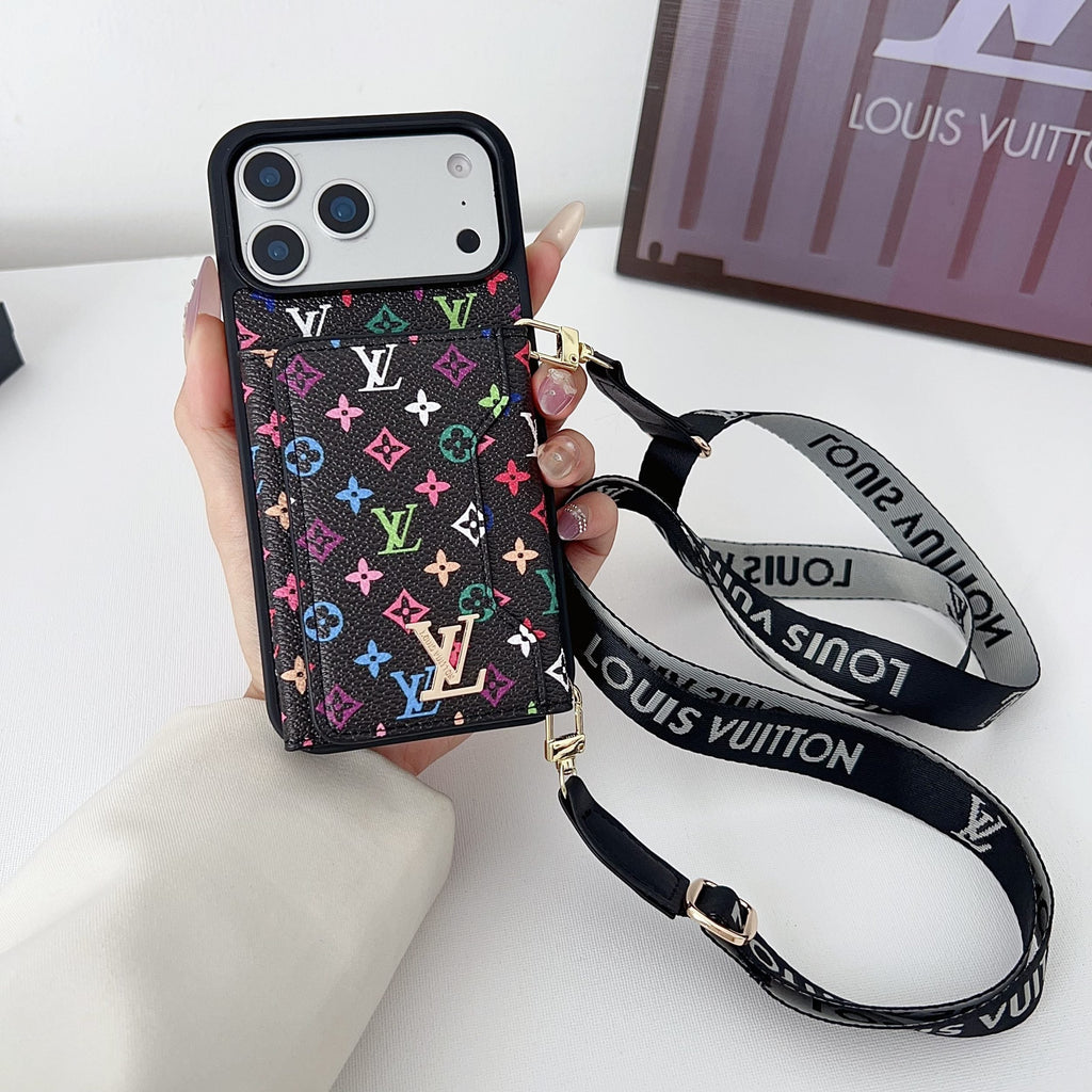 Multicolor monogram LV crossbody wallet iPhone case showing the full patterned back and fitted corners