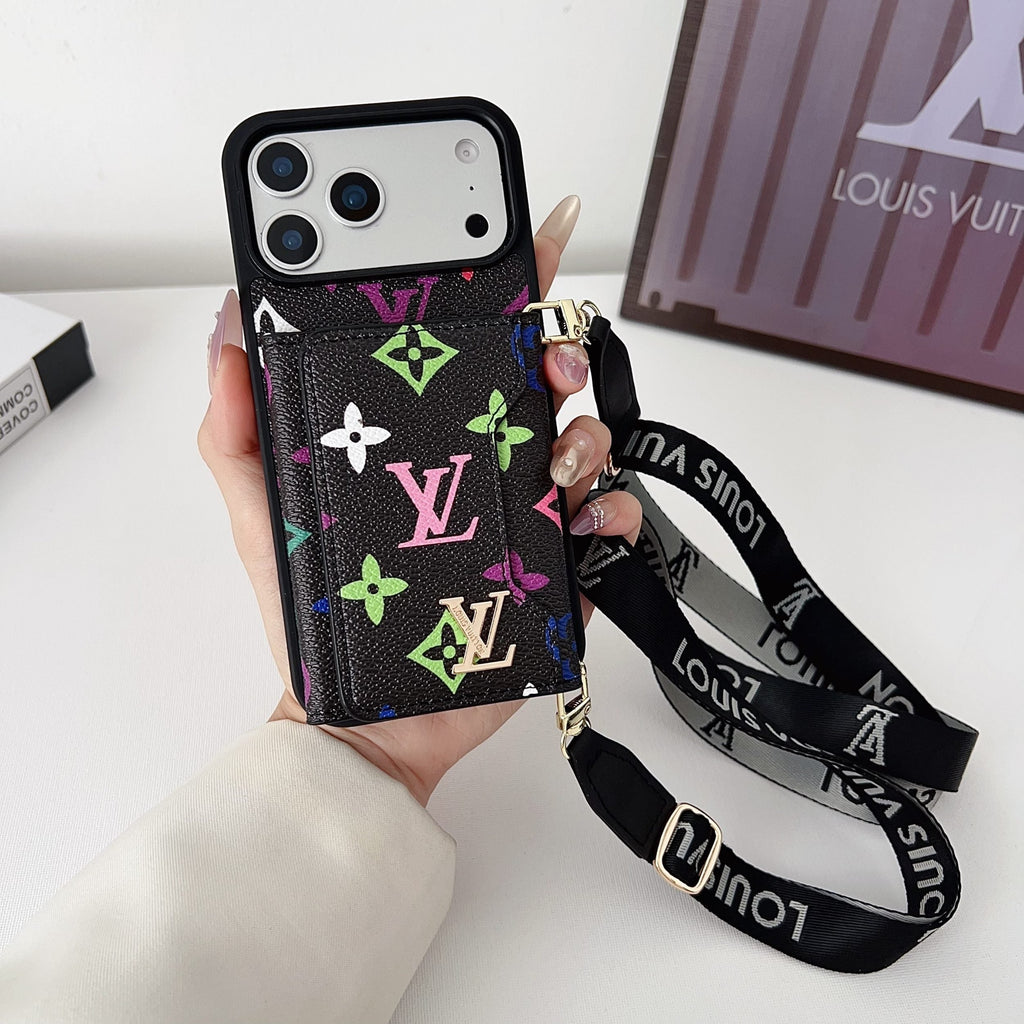 Multicolor monogram LV crossbody wallet iPhone case close-up showing material texture and strap detail
