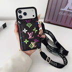 Multicolor monogram LV crossbody wallet iPhone case close-up showing material texture and strap detail