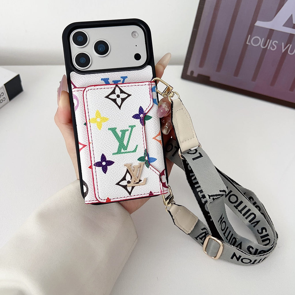 Multicolor monogram LV crossbody wallet iPhone case showing the protective cover and integrated wallet