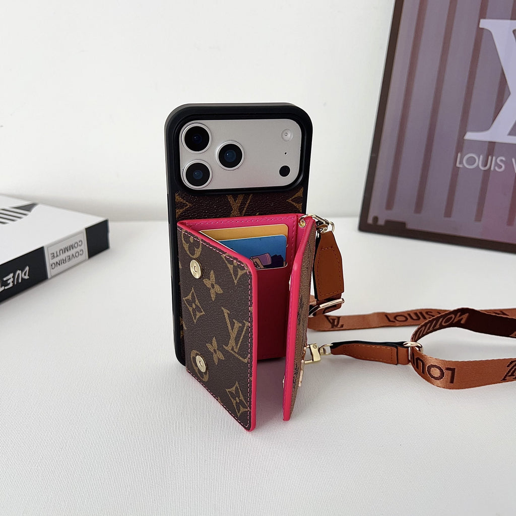 Multicolor monogram LV crossbody wallet iPhone case close-up showing the colorful pattern and camera opening