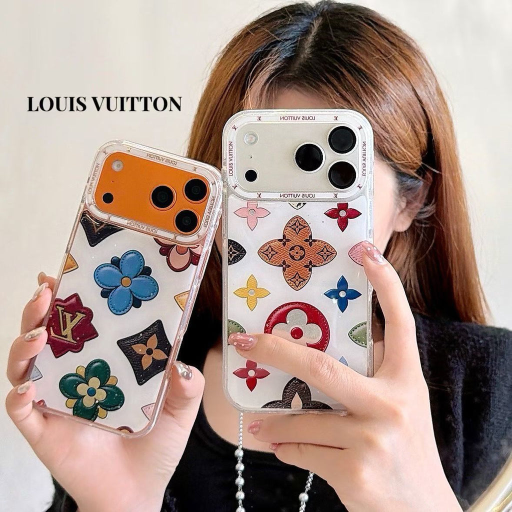White multicolor monogram LV iPhone case showing the colorful patterned back and camera opening