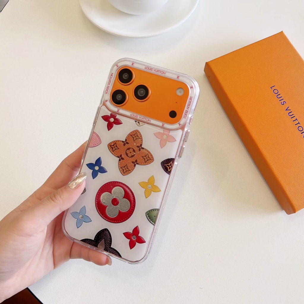 White multicolor monogram LV iPhone case showing the colorful back and slim edge protection