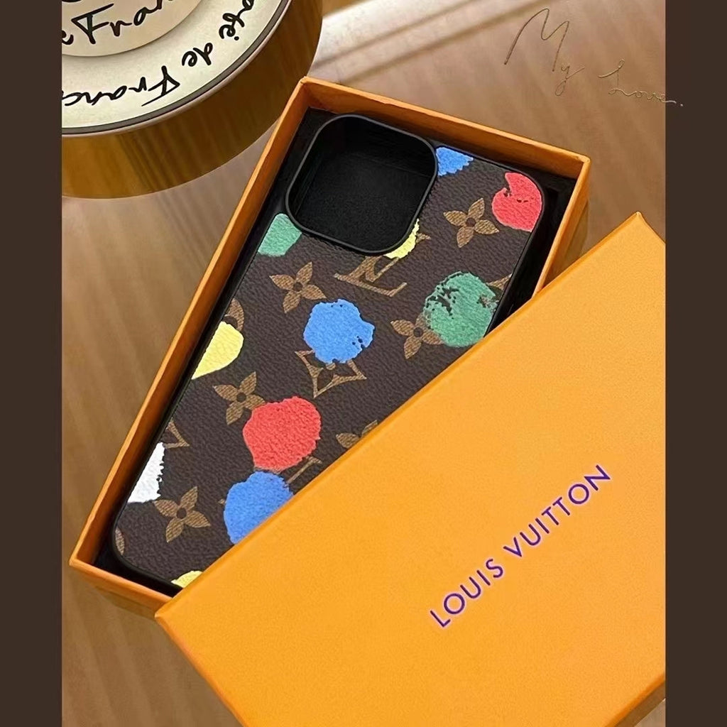LV paint spots iPhone case shown inside its presentation packaging