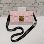 Pink monogram LV crossbody wallet iPhone case showing the shoulder strap and patterned back