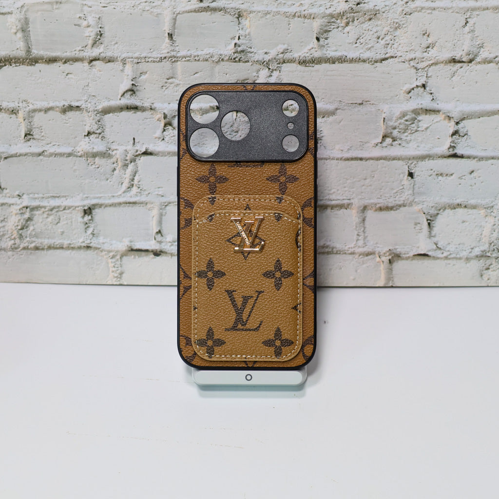 LV style card holder iPhone case showing the leather-patterned cover and rear card slot