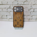 LV style card holder iPhone case showing the leather-patterned cover and rear card slot