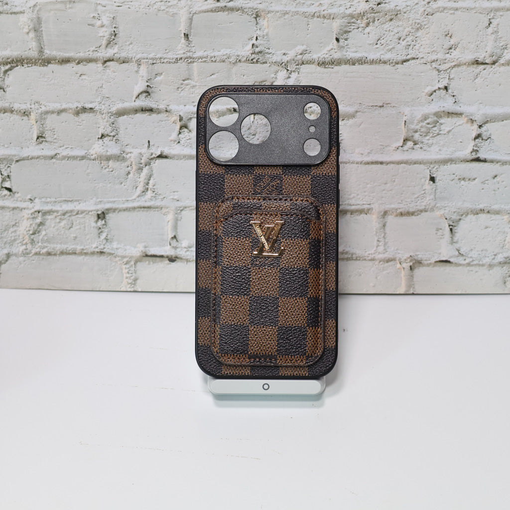 LV style card holder iPhone case showing the integrated wallet back and protective fit