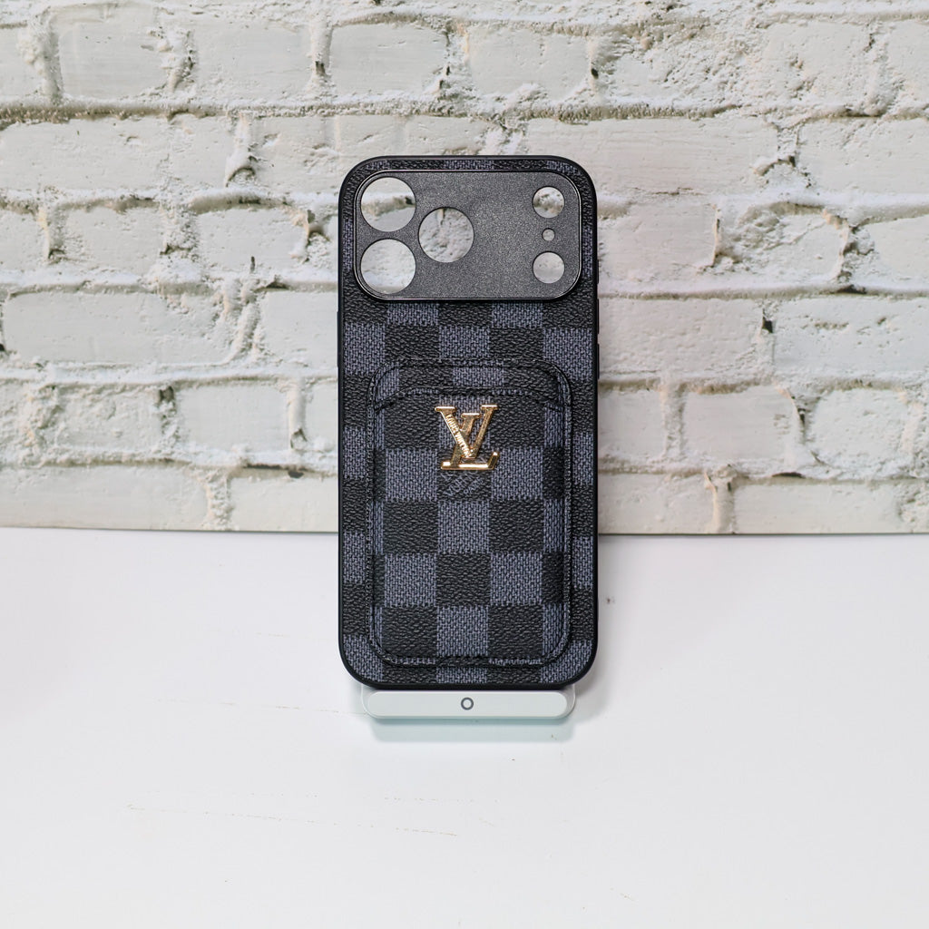 LV style card holder iPhone case close-up showing card storage and finished edges