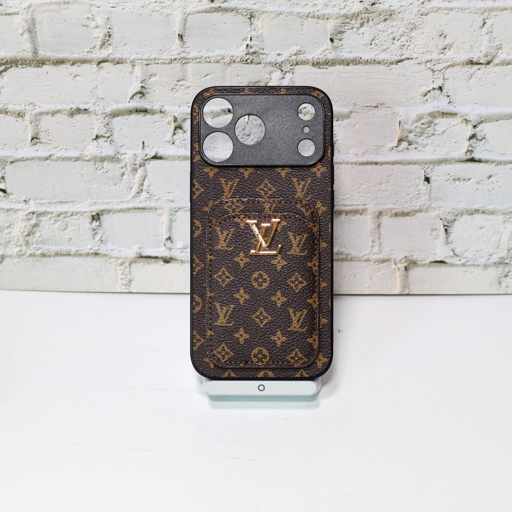 LV style card holder iPhone case showing the patterned rear panel and fitted camera opening