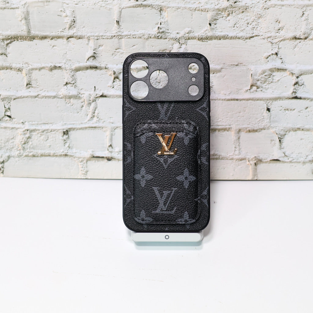 LV style card holder iPhone case showing the protective back cover and slim wallet design