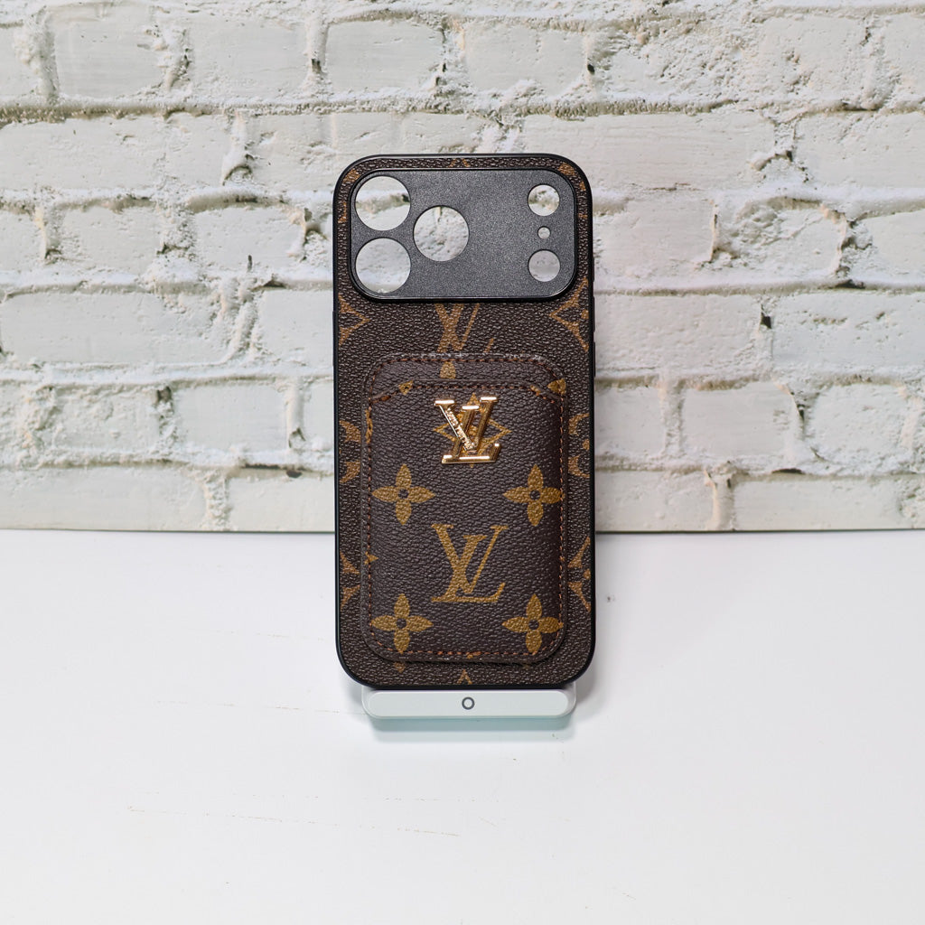 LV style card holder iPhone case close-up showing the rear card slot and leather detail
