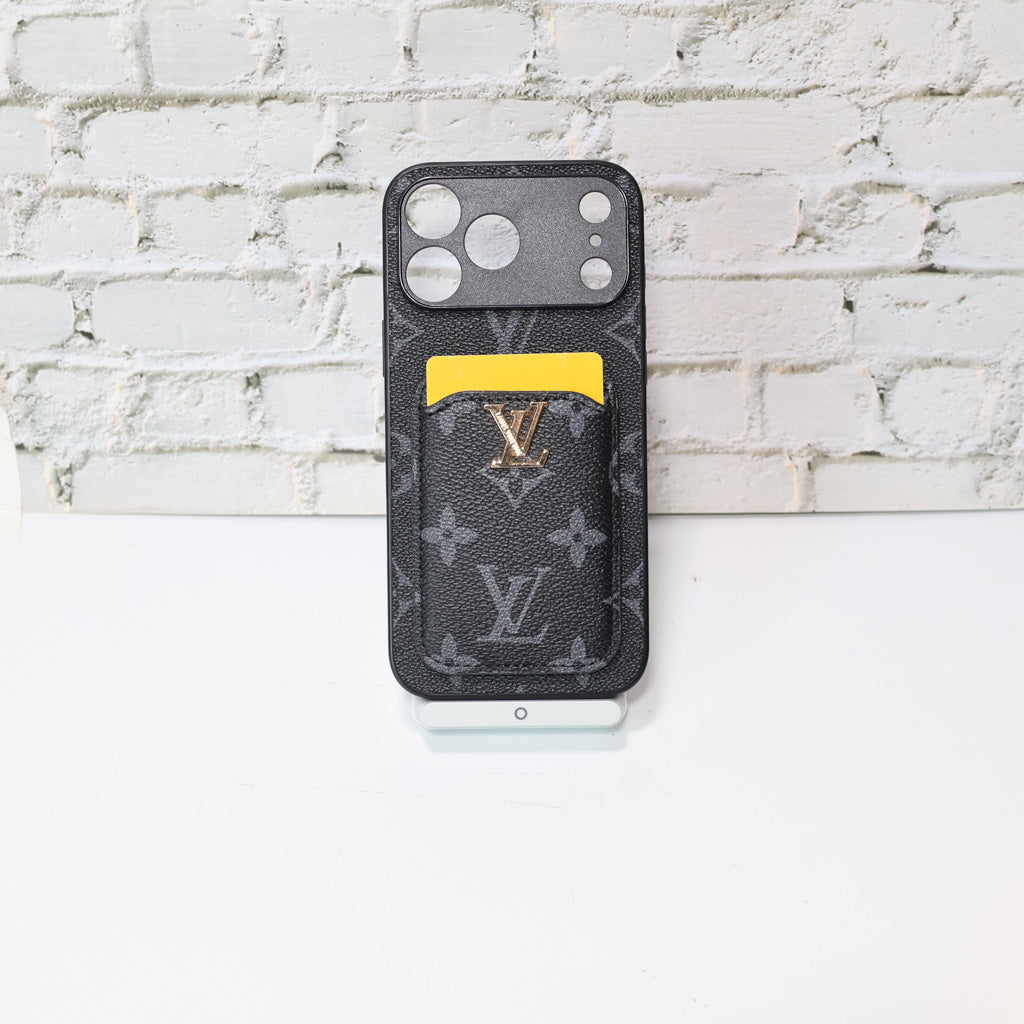 LV style card holder iPhone case showing the fitted camera opening and protective edges