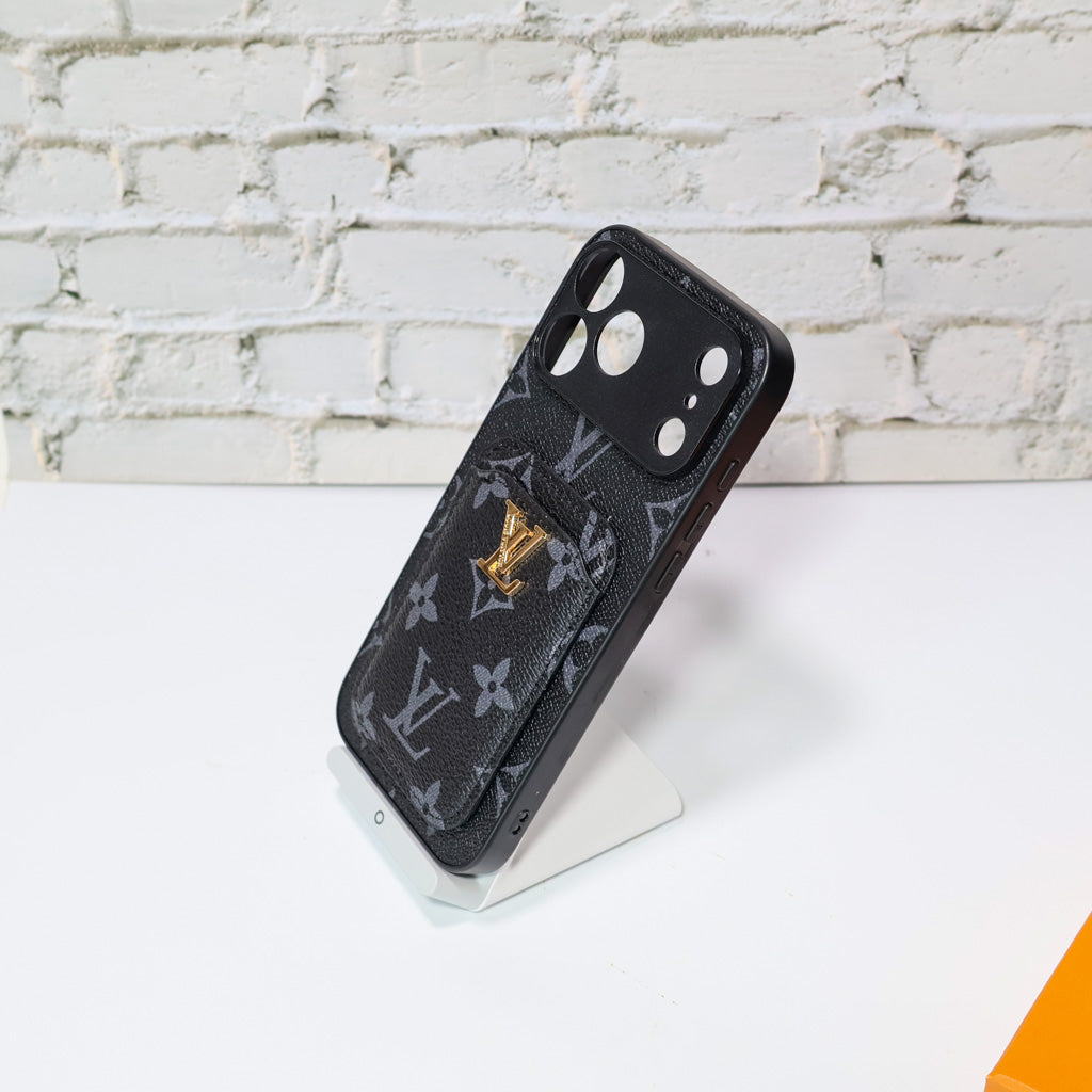 LV style card holder iPhone case showing the integrated wallet feature and patterned finish