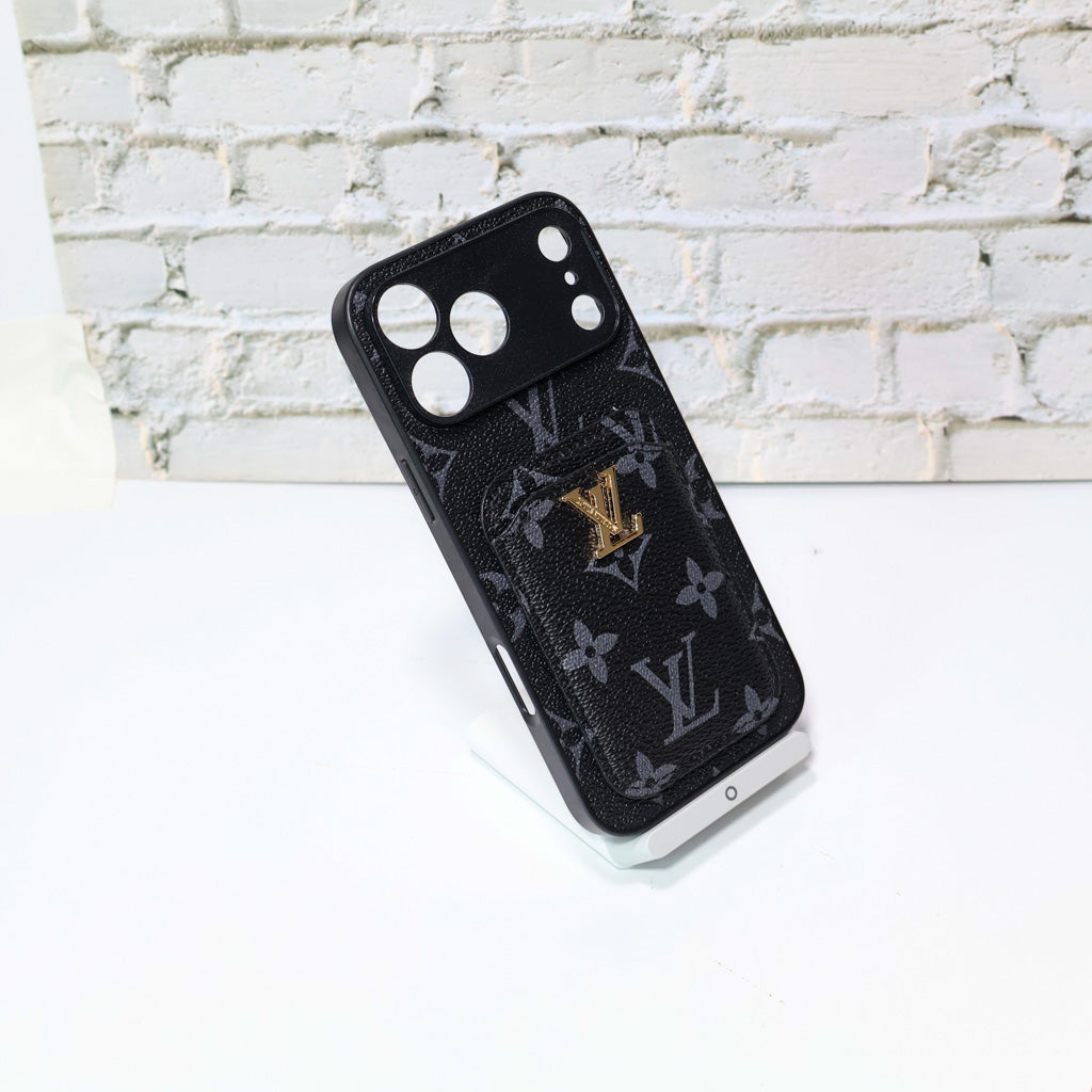 LV style card holder iPhone case showing the slim wallet profile and rear cover