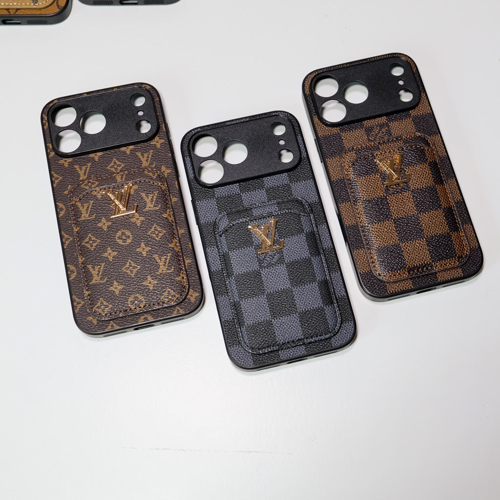 LV style card holder iPhone case showing the rear wallet slot and patterned back