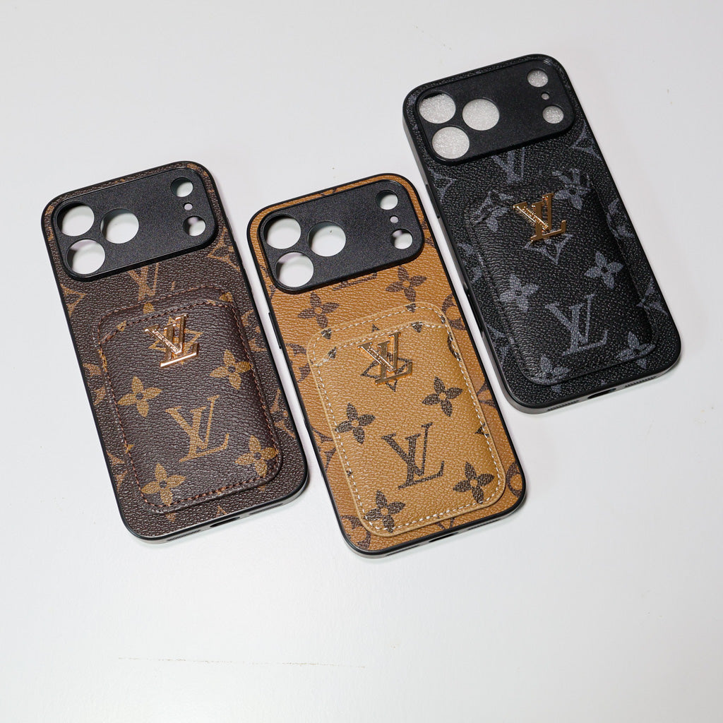 LV style card holder iPhone case close-up showing leather texture and card storage